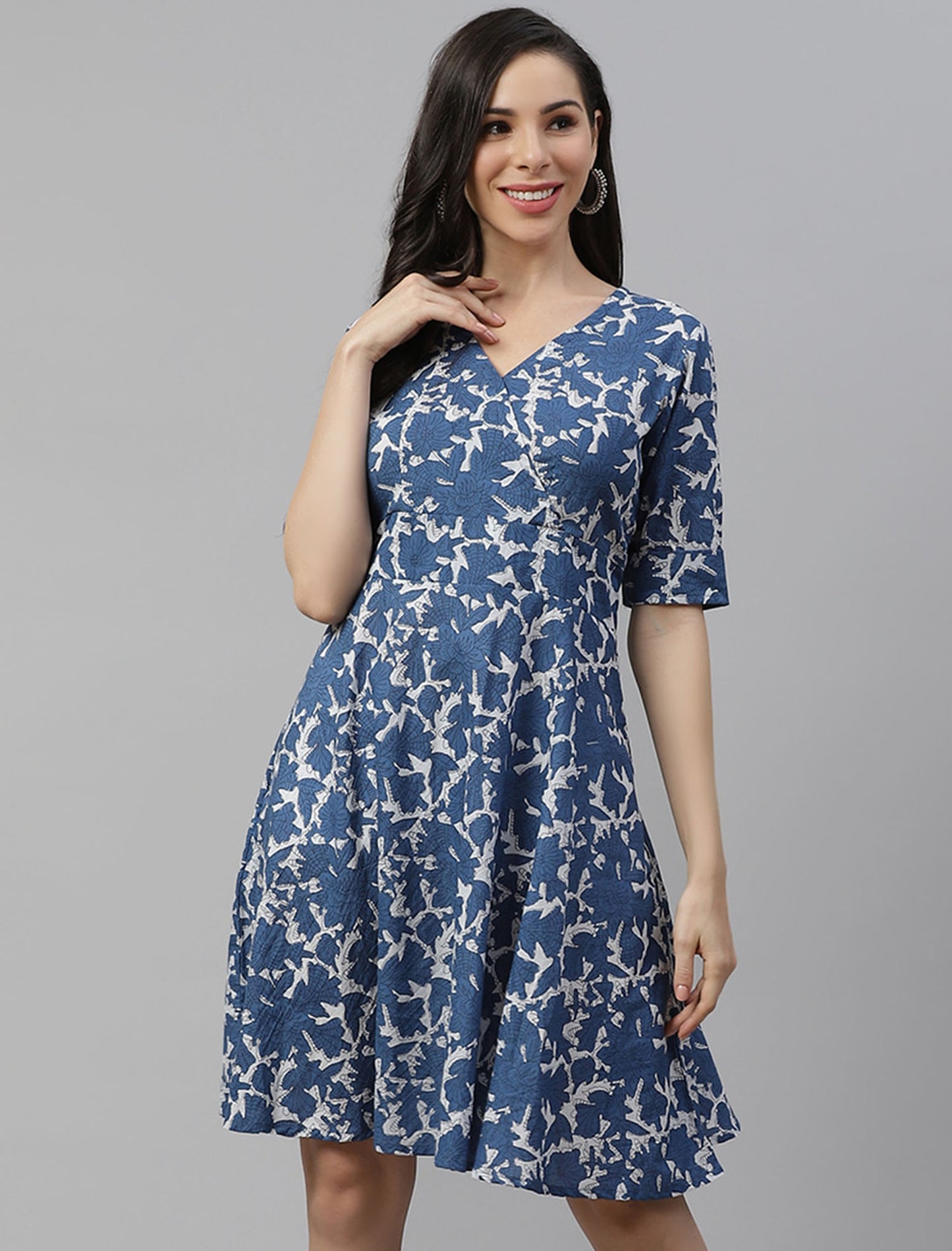 Blue & White Pure Cotton Party Wear Dress For Women