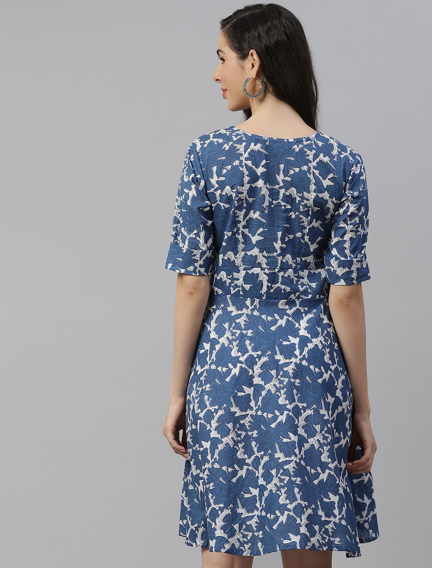 Blue & White Pure Cotton Party Wear Dress For Women