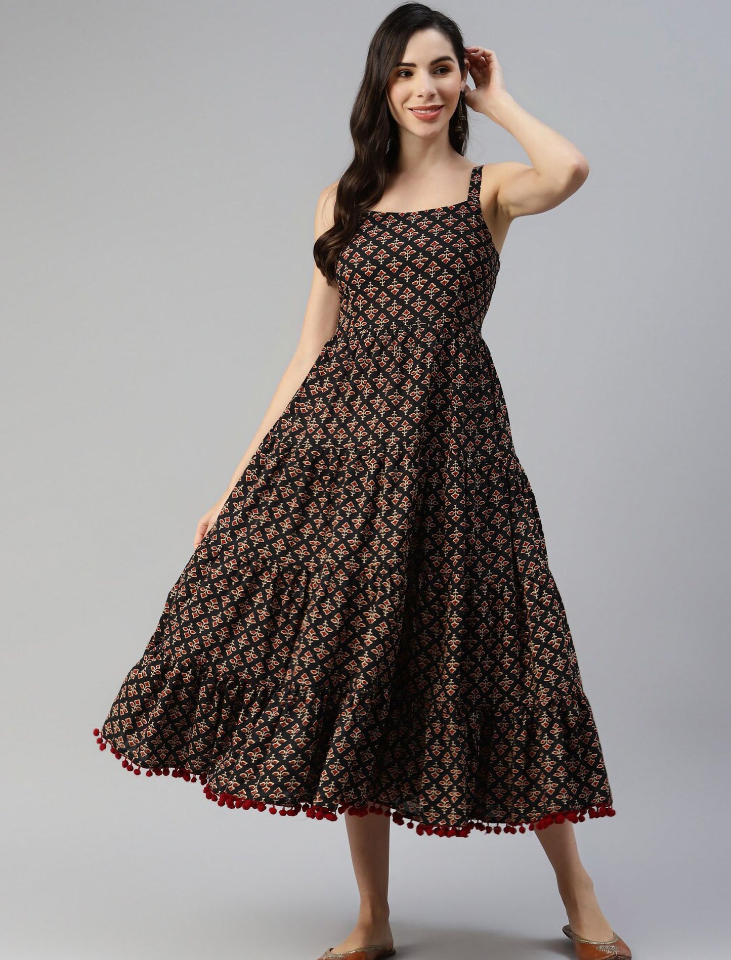 Black Ethnic Motifs Midi Party Wear Dress For Women