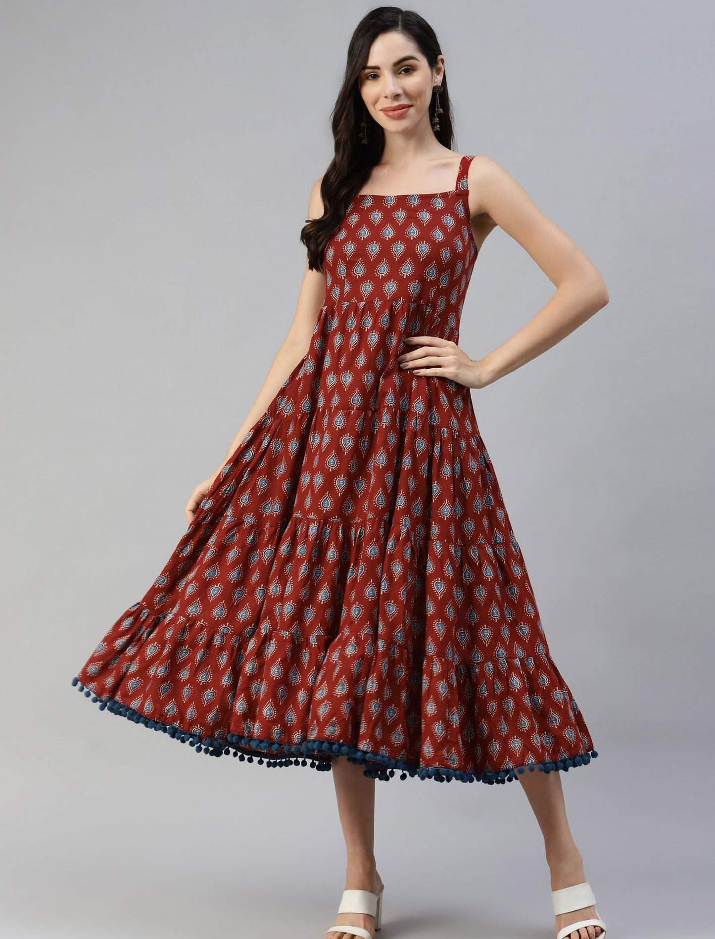 Maroon Ethnic Buti Printed Shoulder Strip Party Wear Long dress
