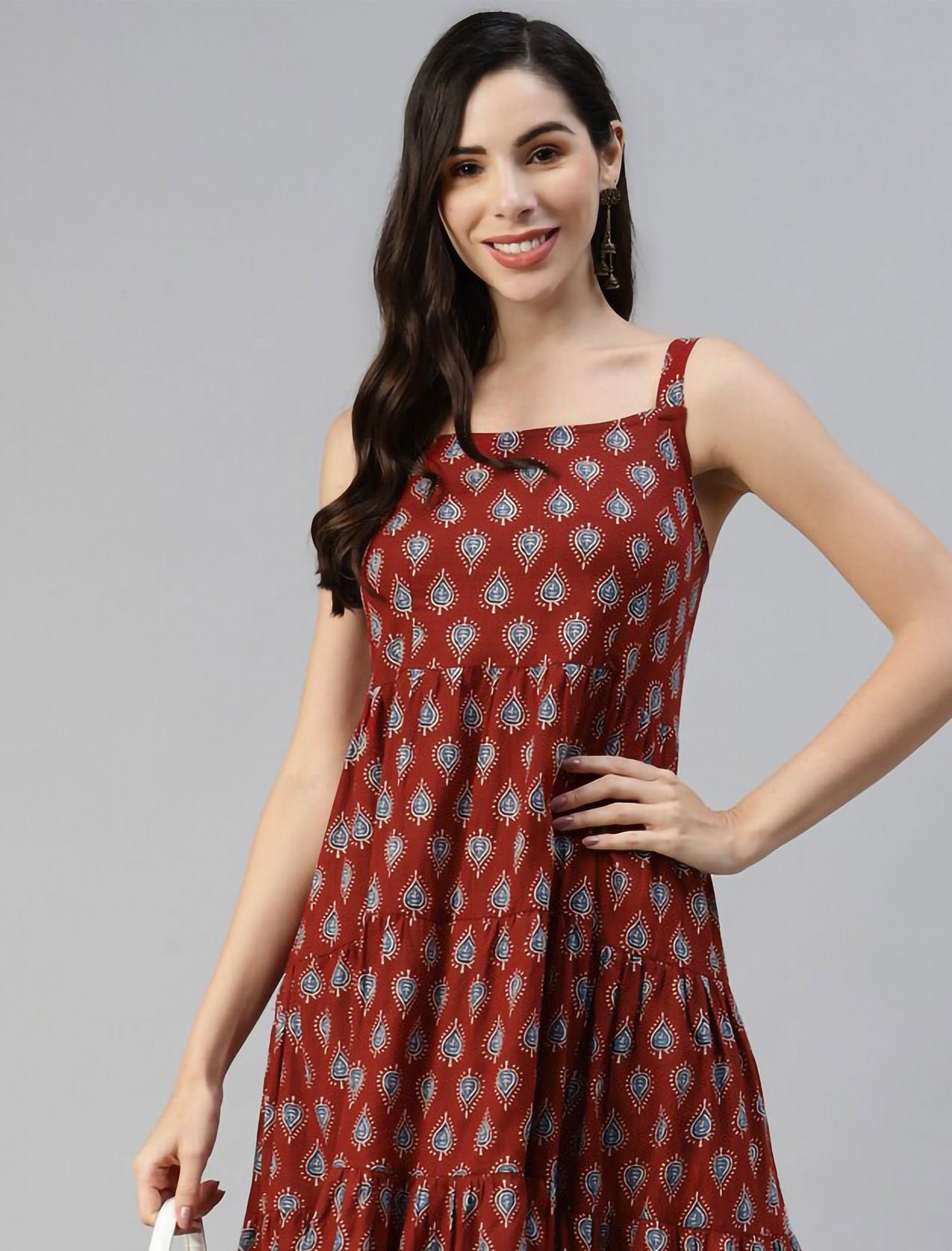 Maroon Ethnic Buti Printed Shoulder Strip Party Wear Long dress