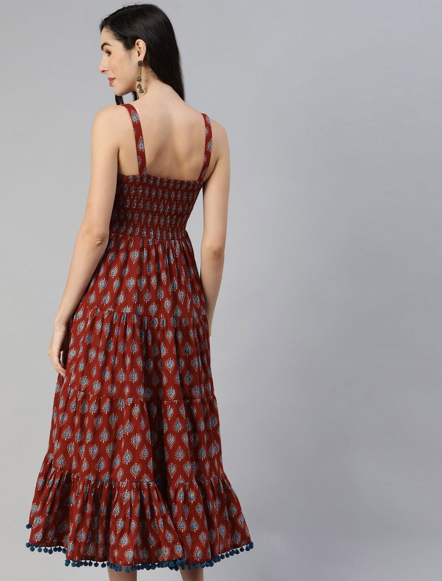Maroon Ethnic Buti Printed Shoulder Strip Party Wear Long dress