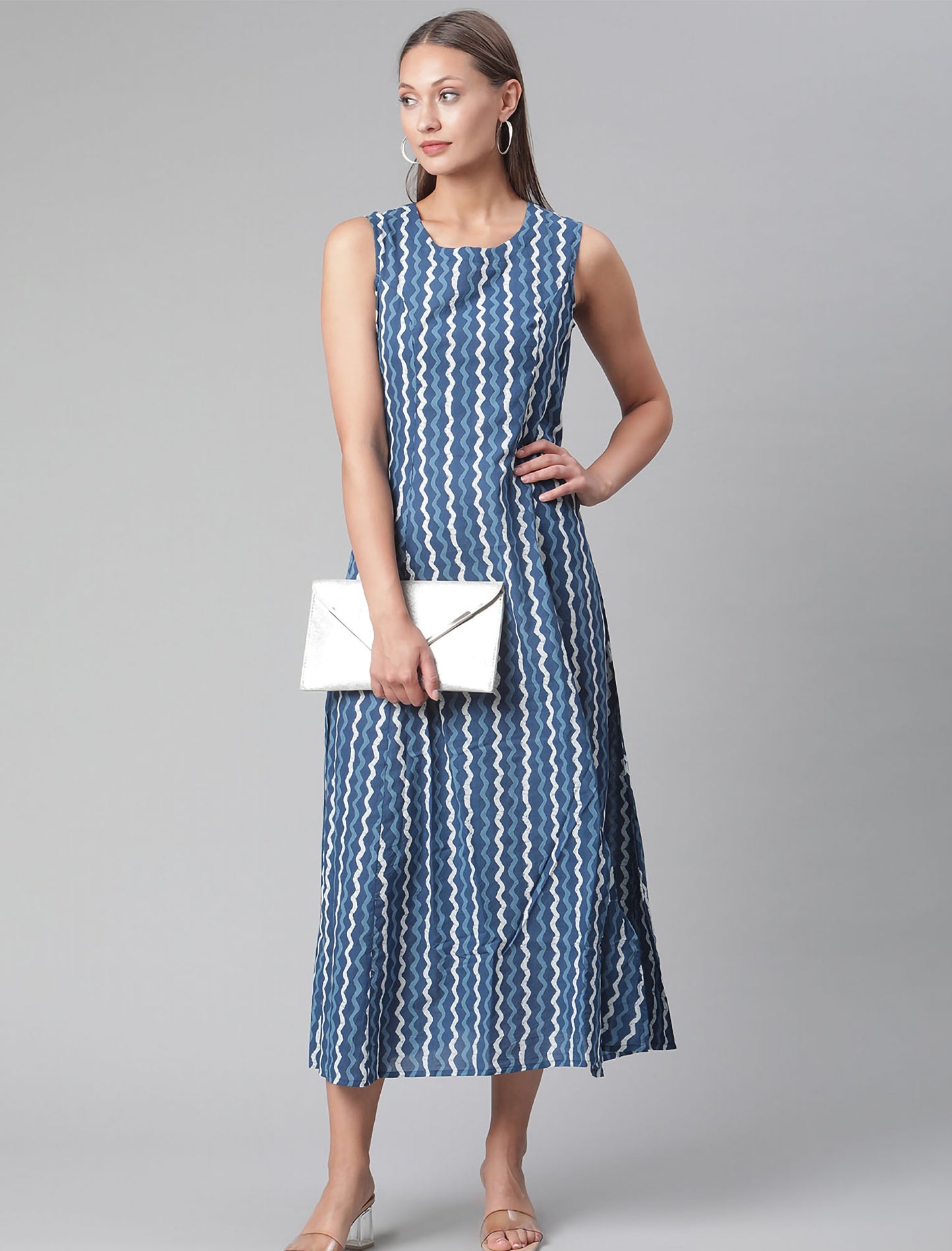 Blue A-Line Midi Party Wear Dress For Women
