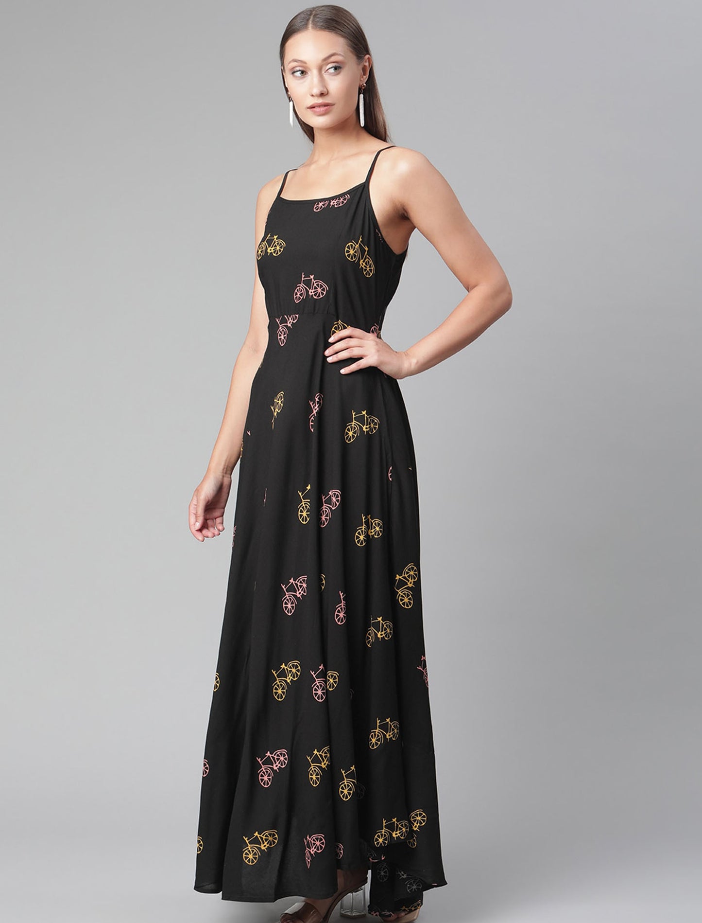 Party Wear Black Floral Shoulder Strap Maxi Dress