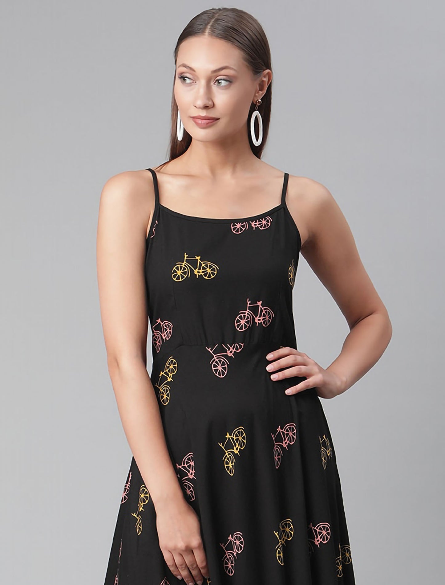 Party Wear Black Floral Shoulder Strap Maxi Dress