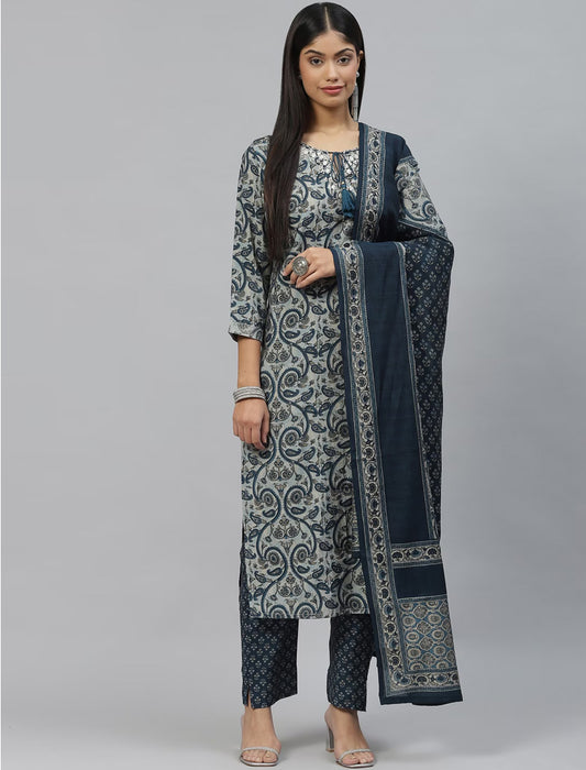 Grey & Navy Blue Ethnic Motifs Printed Kurta with Trousers & Dupatta Kurta Sets For Women