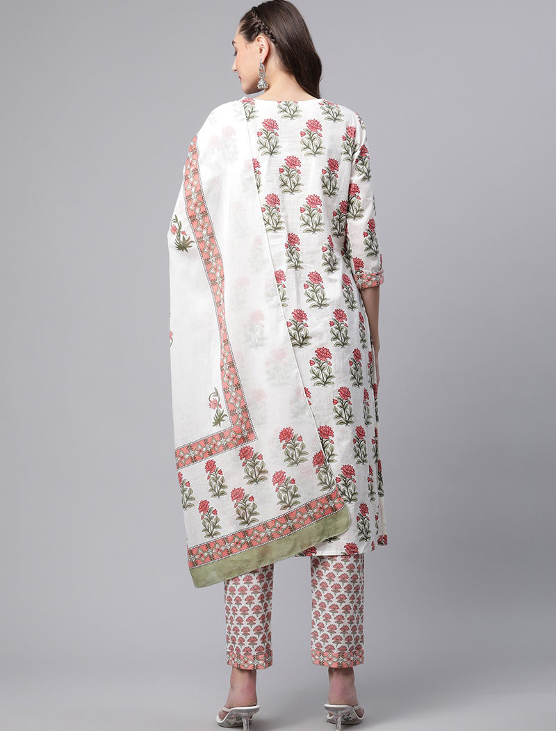 White Floral Printed Pure Cotton Kurta Set For Women