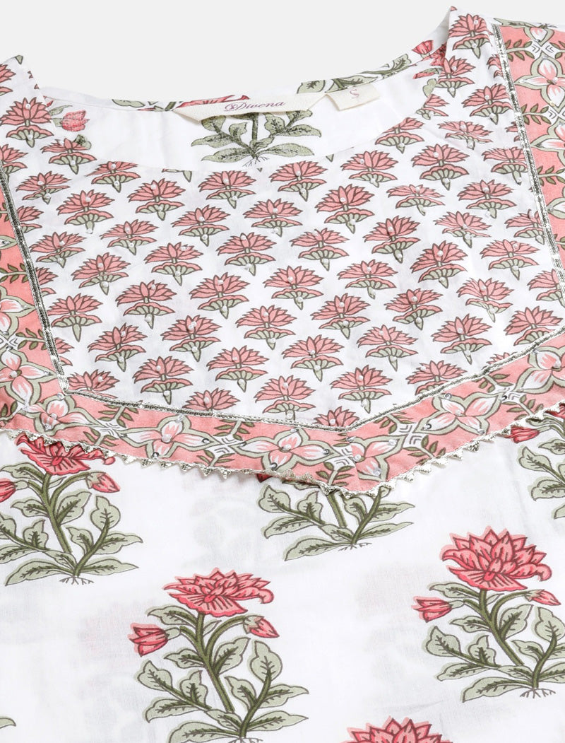 White Floral Printed Pure Cotton Kurta Set For Women
