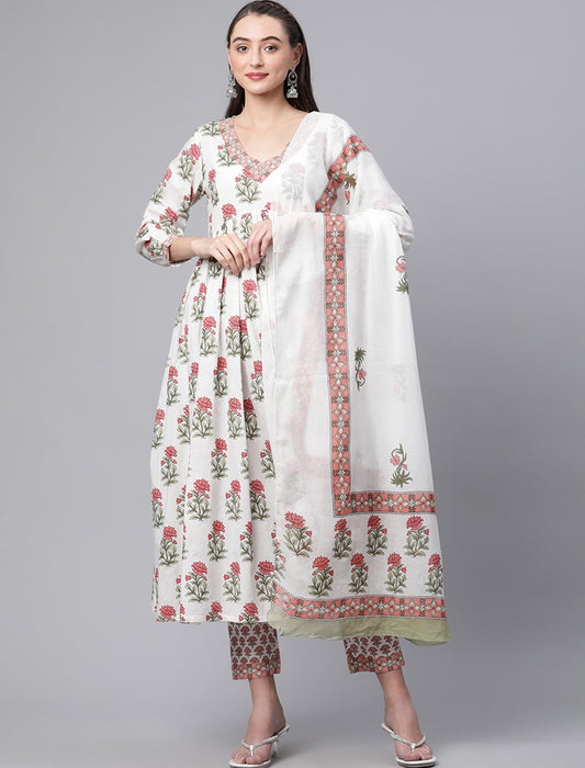 White Floral Printed Pure Cotton Kurta with Trousers & Dupatta Kurta Sets For Women
