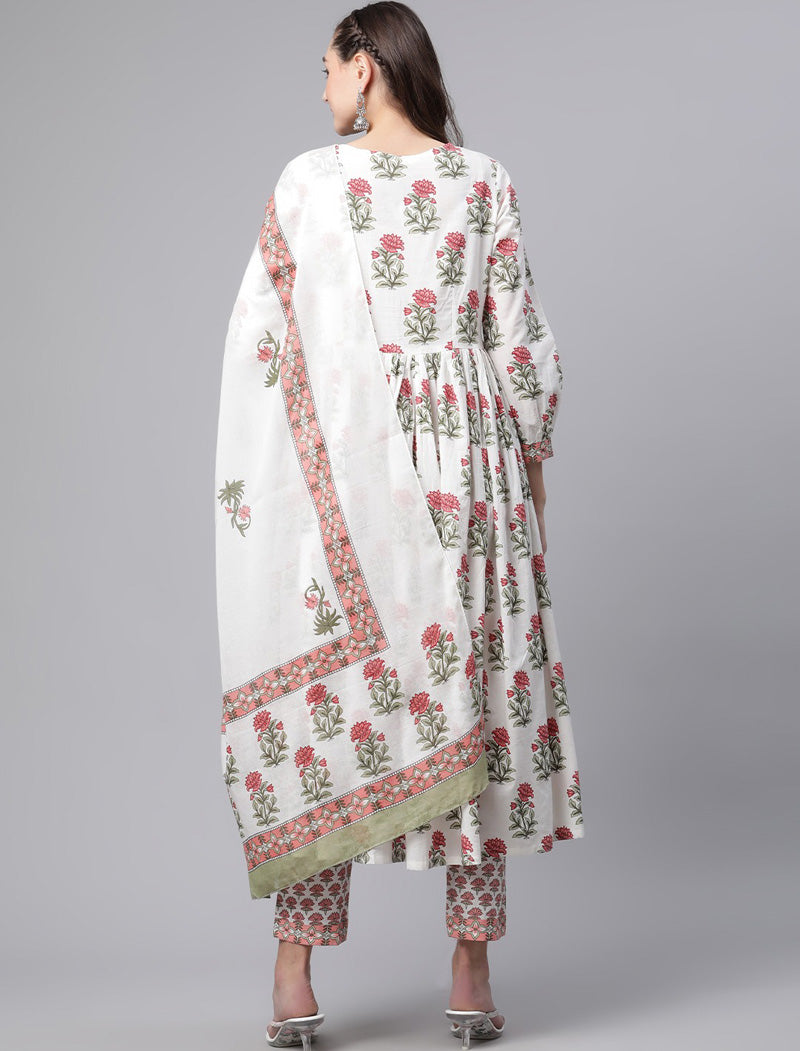 White Floral Printed Pure Cotton Kurta with Trousers & Dupatta Kurta Sets For Women
