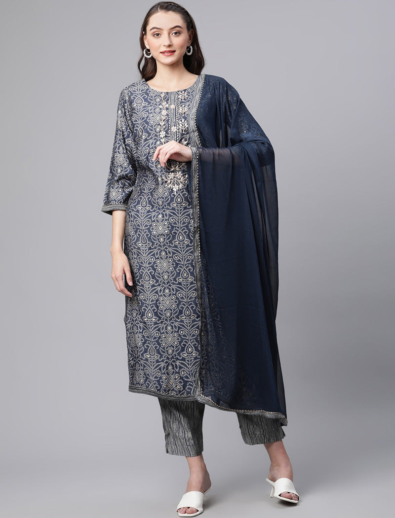 Blue Ethnic Printed Chanderi Silk Kurta Pant Sets With Dupatta