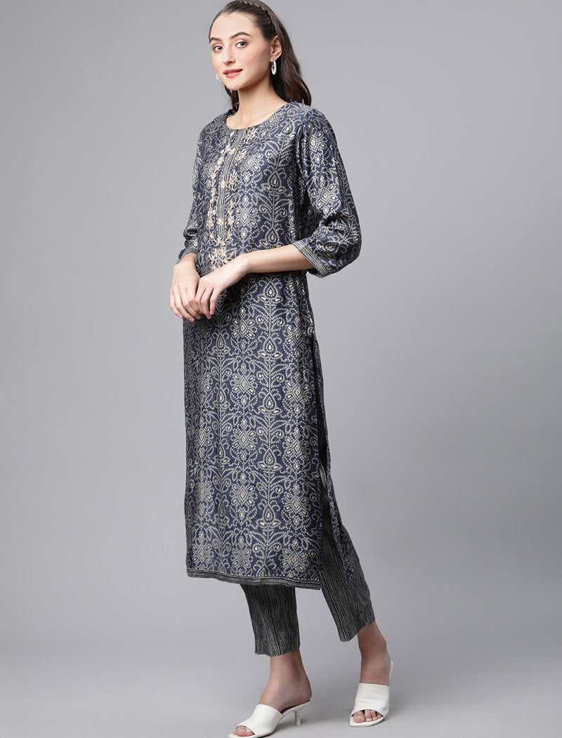 Blue Ethnic Printed Chanderi Silk Kurta Pant Sets With Dupatta