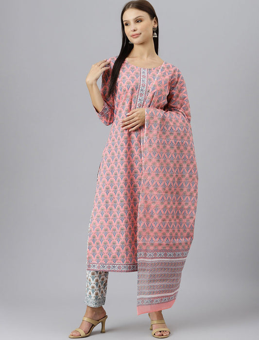 Pink Printed Pure Cotton Kurta with Trousers & Dupatta Kurta Sets For Women