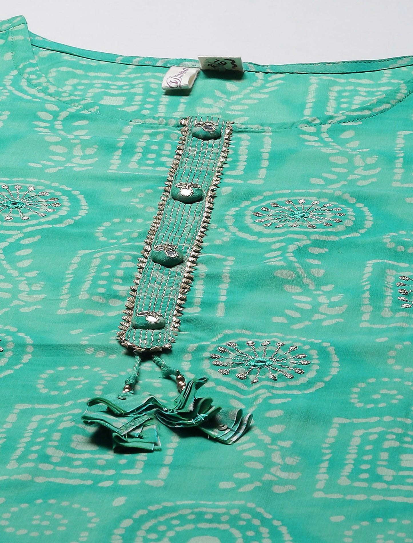 Green & Off White Printed Mirror Work Kurta with Trousers For Women