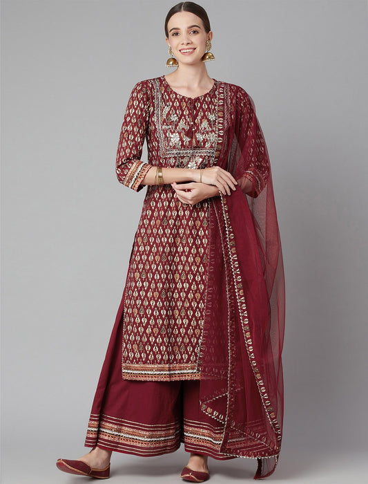 Maroon Floral Printed Kurta With Palazzos & With Dupatta For Women