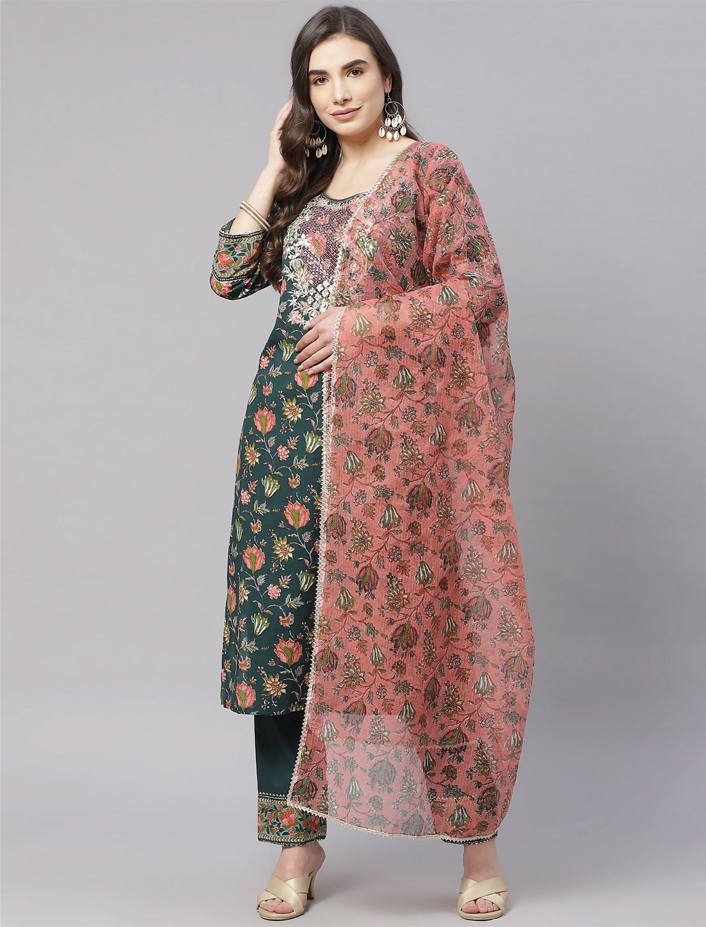 Green Floral Print Kurta with Trousers & Dupatta For Women