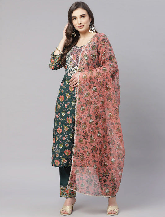 Green Floral Print Kurta with Trousers & Dupatta For Women
