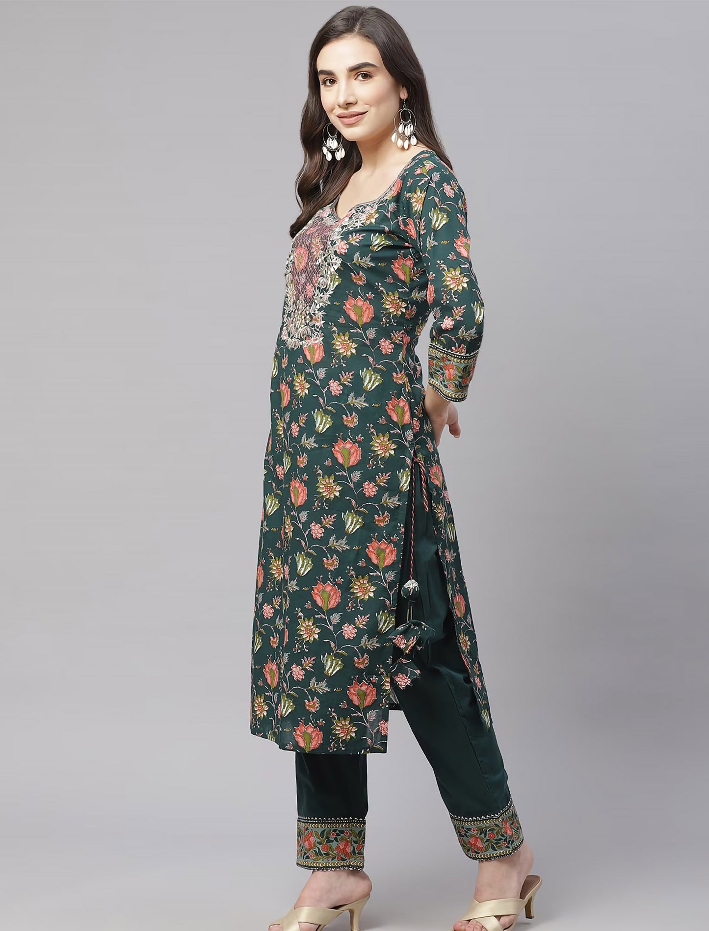Green Floral Print Kurta with Trousers & Dupatta For Women