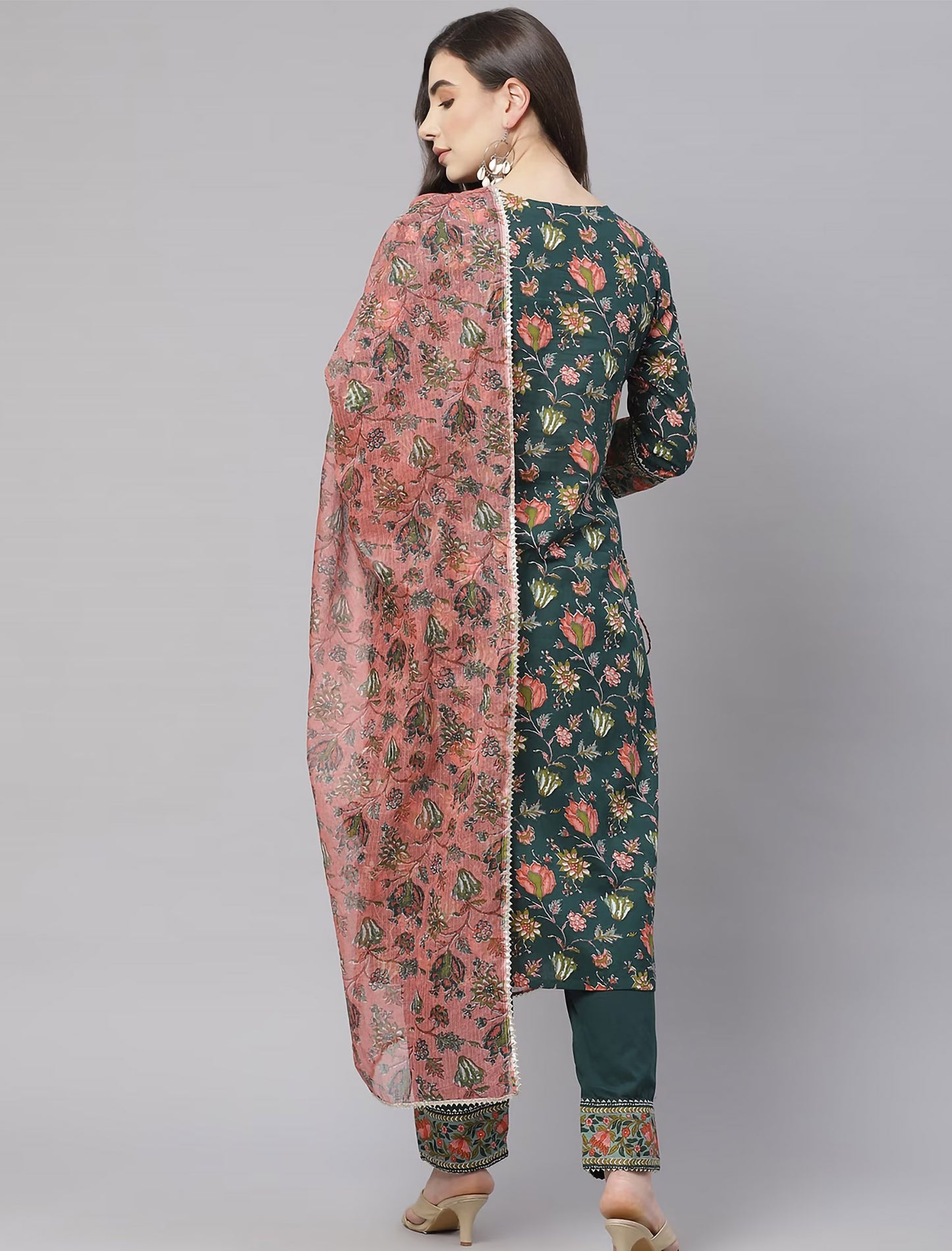 Green Floral Print Kurta with Trousers & Dupatta For Women