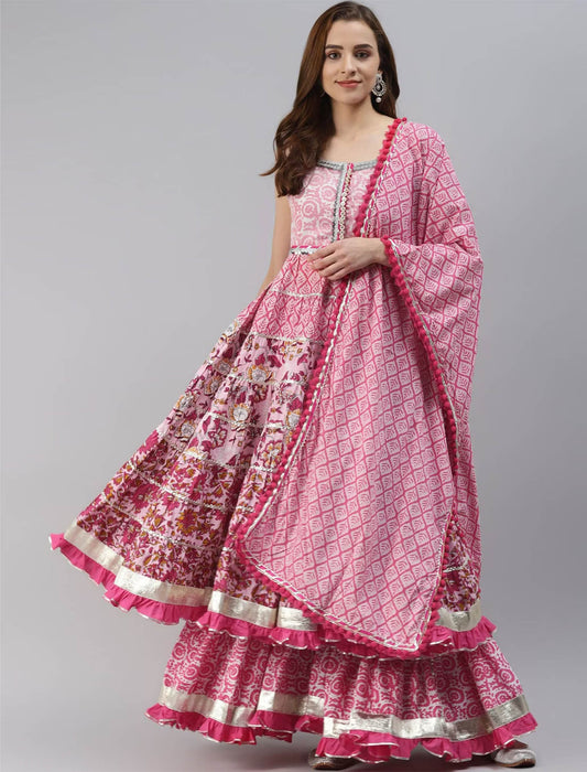 Pink Floral Printed Kurta With Sharara & Dupatta For Women