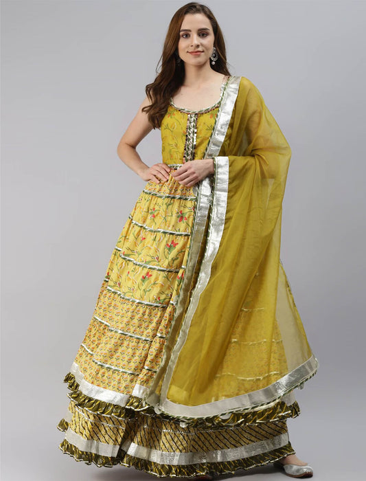 Yellow Floral Printed Kurta with Skirt & Dupatta For Women