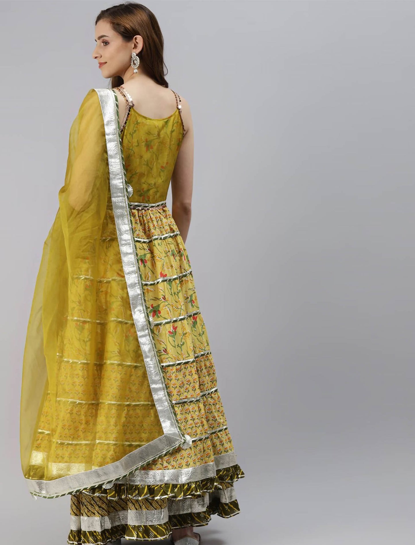 Yellow Floral Printed Kurta with Skirt & Dupatta For Women