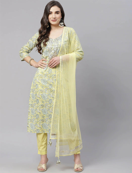 Yellow Floral Printed Kurta with Trousers & Dupatta For Women