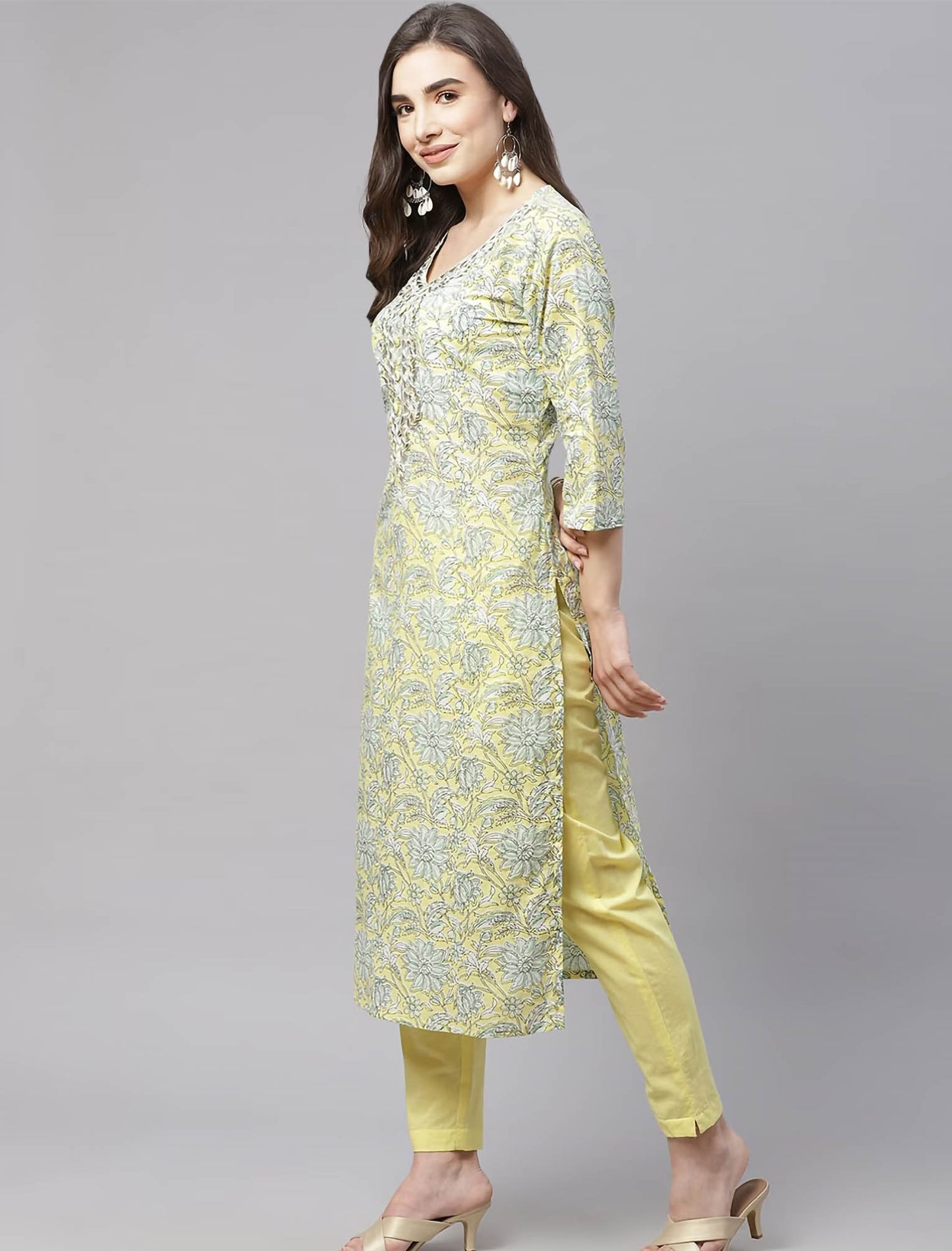 Yellow Floral Printed Kurta with Trousers & Dupatta For Women