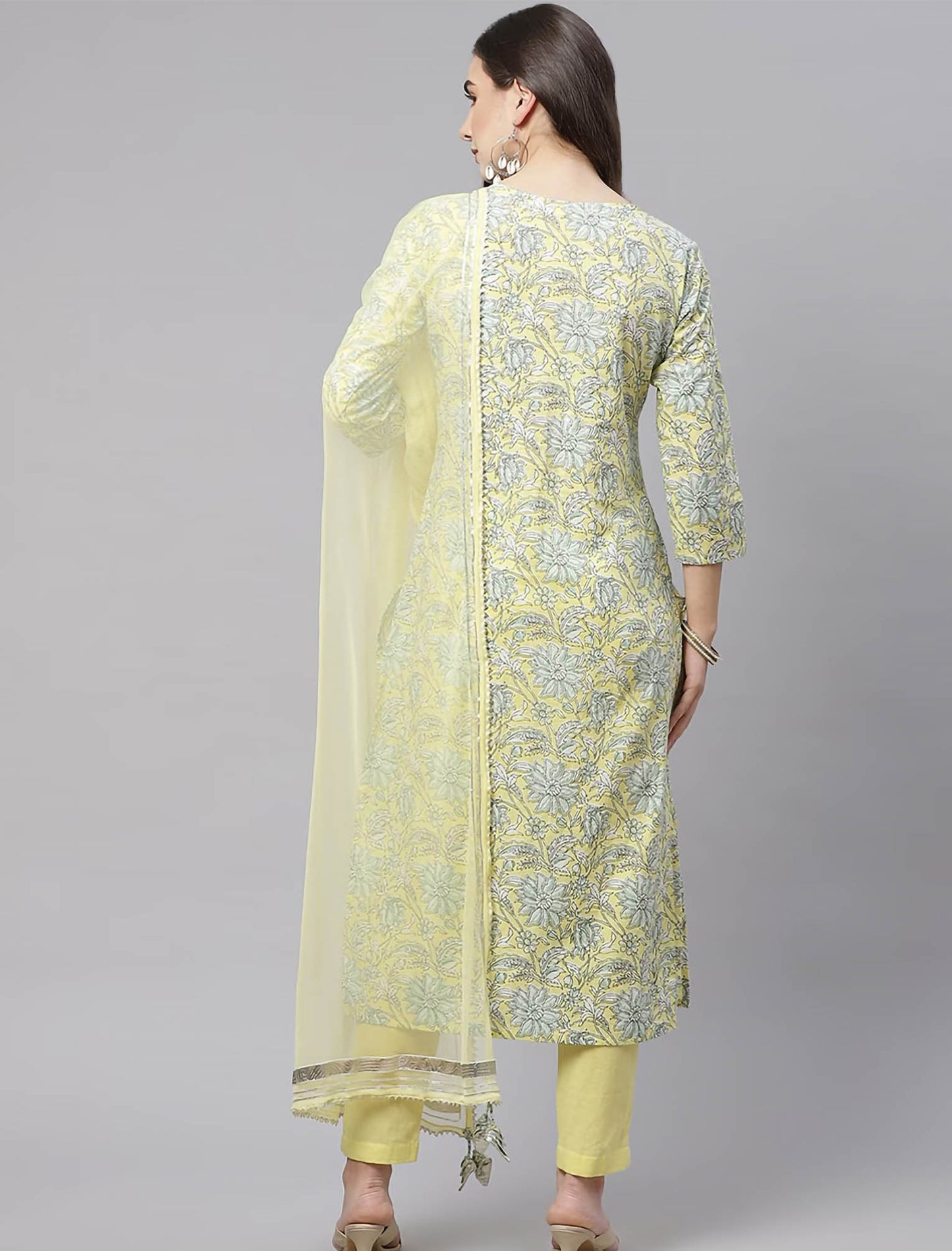 Yellow Floral Printed Kurta with Trousers & Dupatta For Women