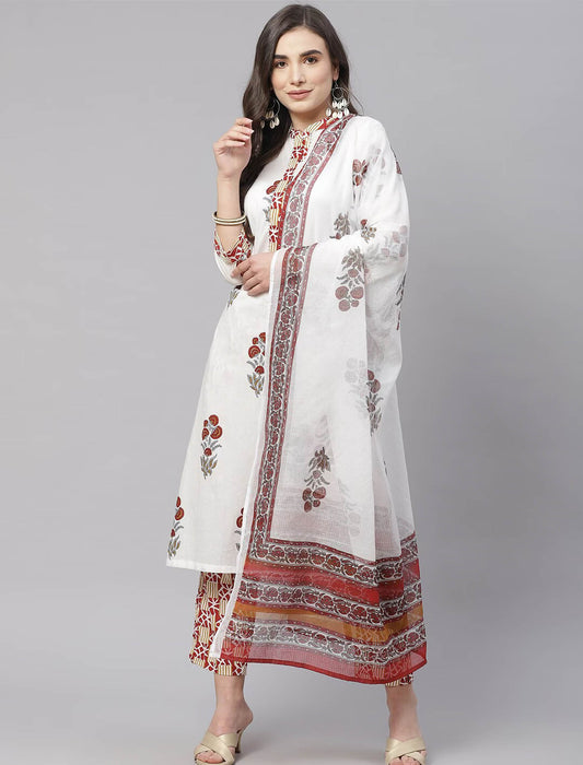 White Floral Printed Kurta with Trousers & Dupatta For Women