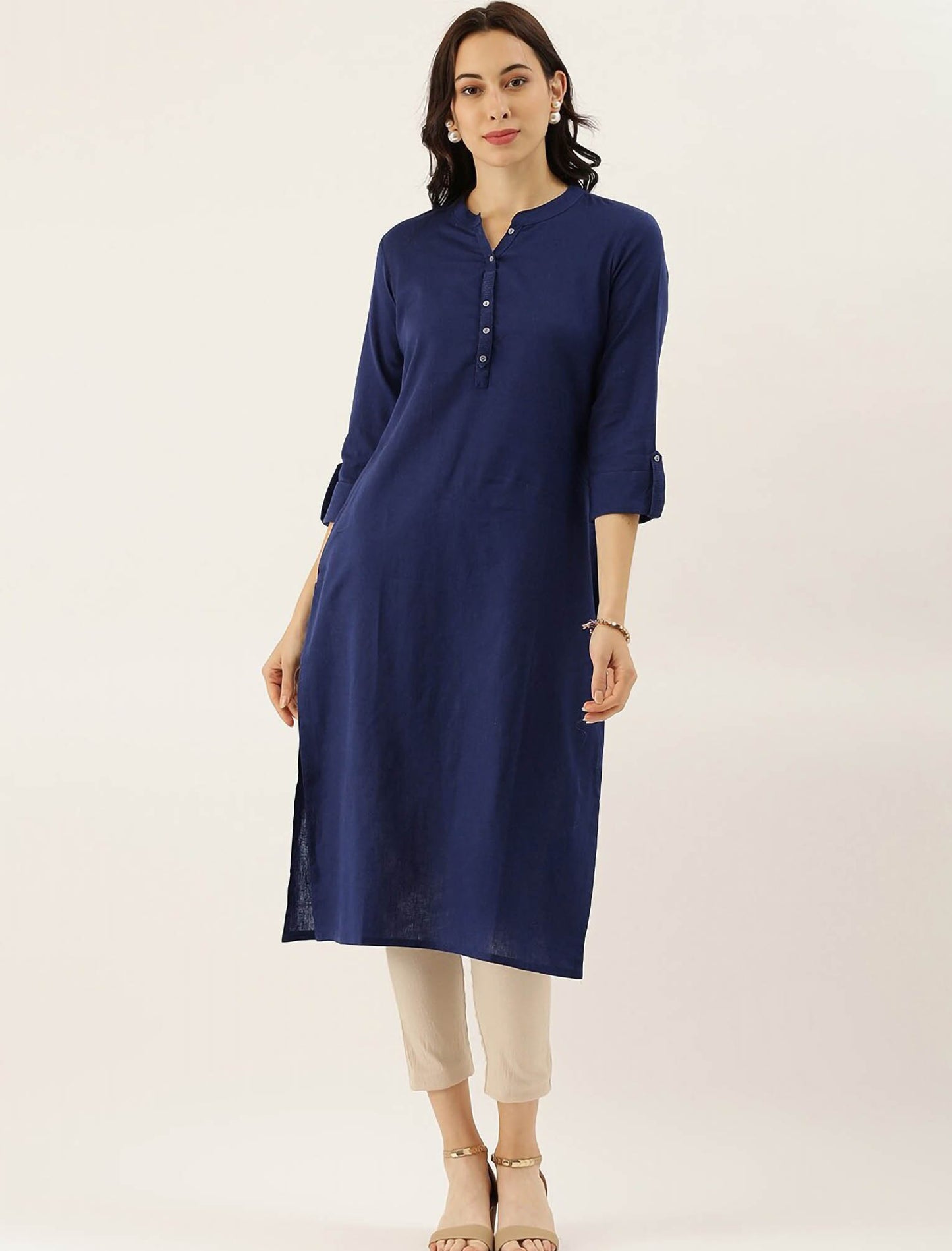 Blue Cotton Solid Collar Ethnic Kurta For Women