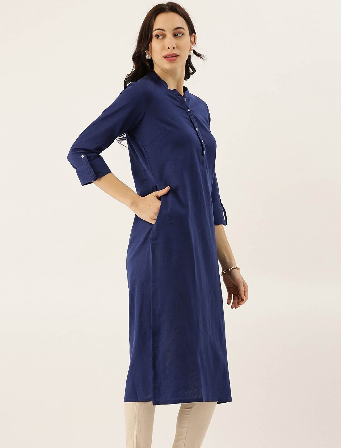 Blue Cotton Solid Collar Ethnic Kurta For Women