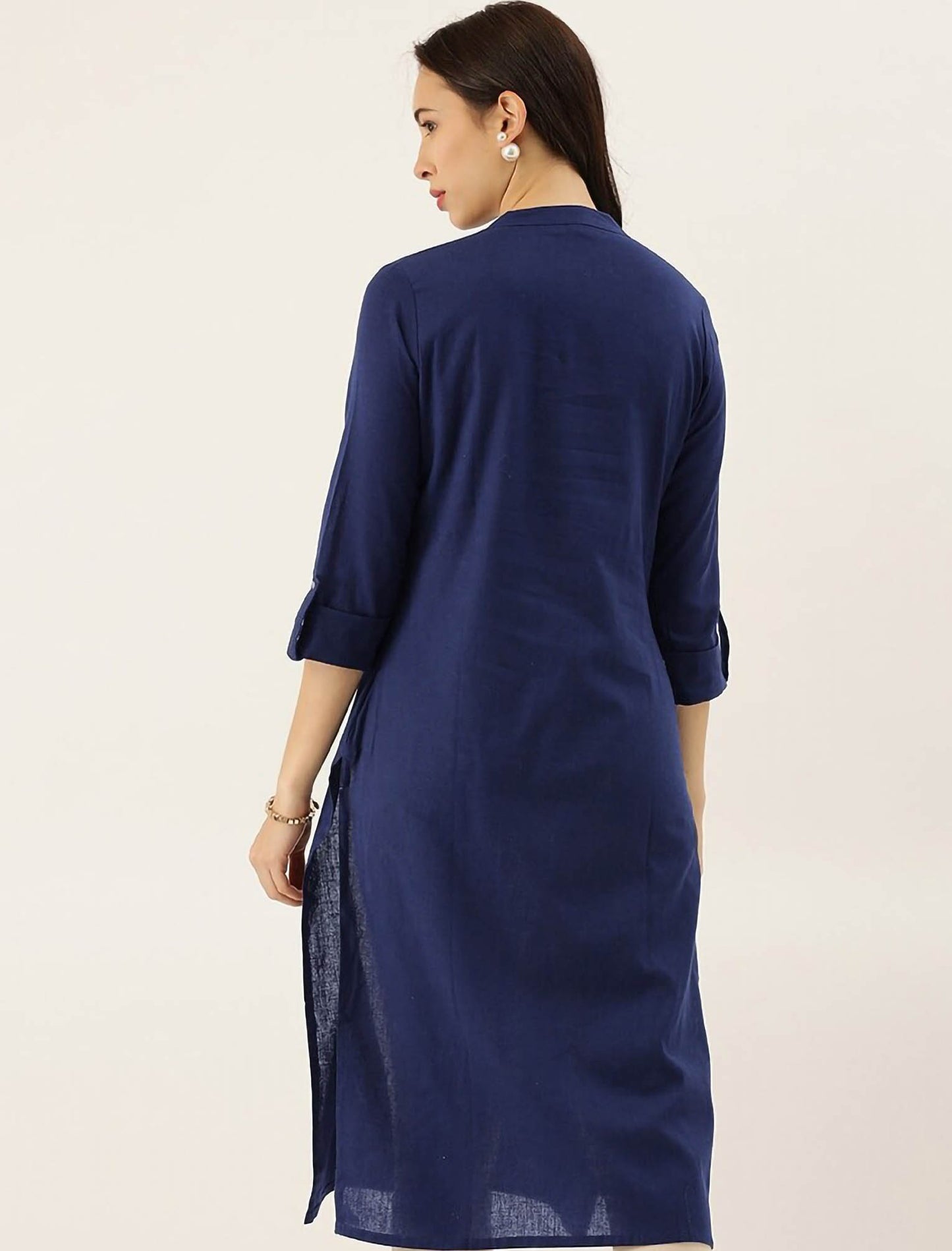 Blue Cotton Solid Collar Ethnic Kurta For Women