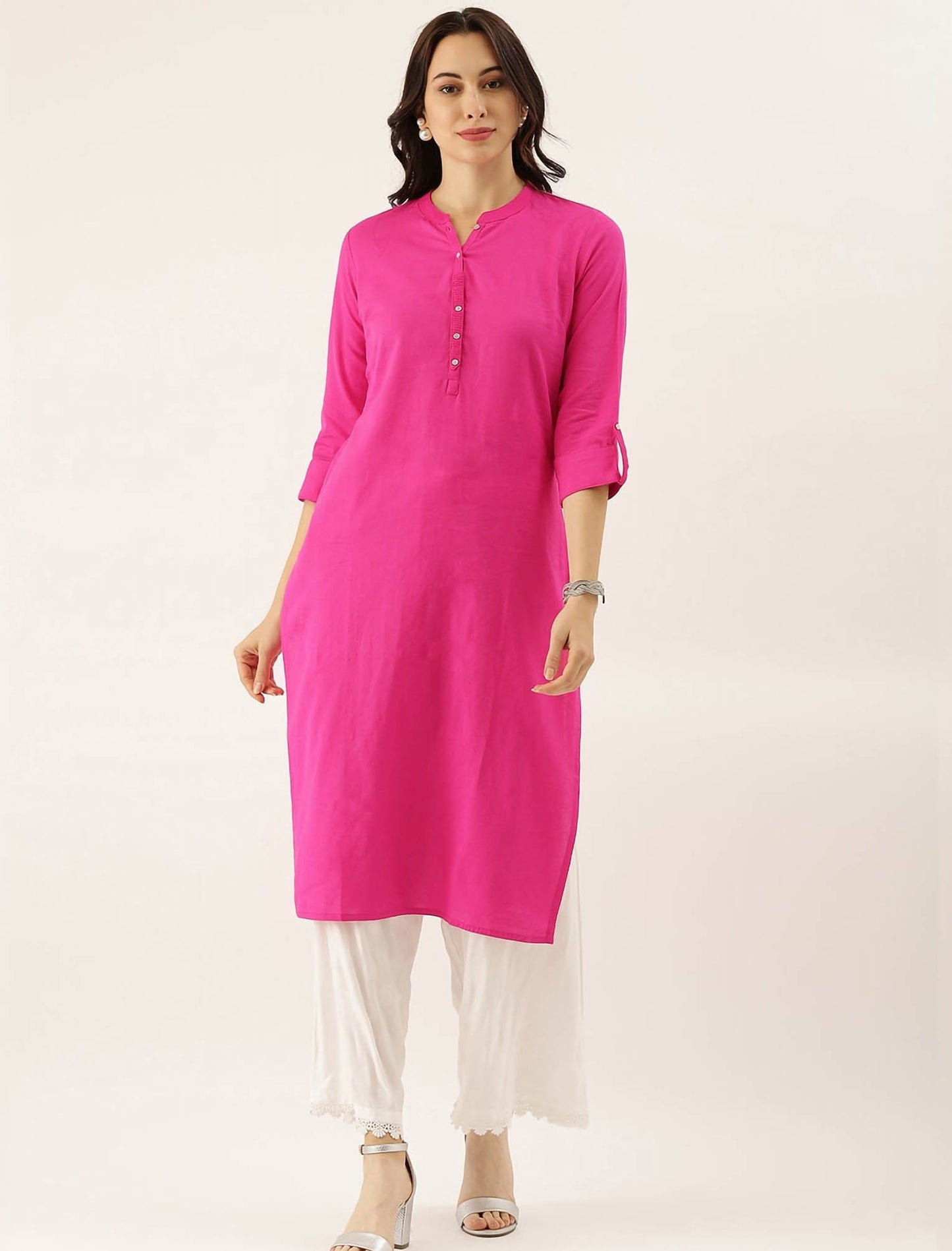 Pink Cotton Solid Collar Straight Ethnic Kurta For Women