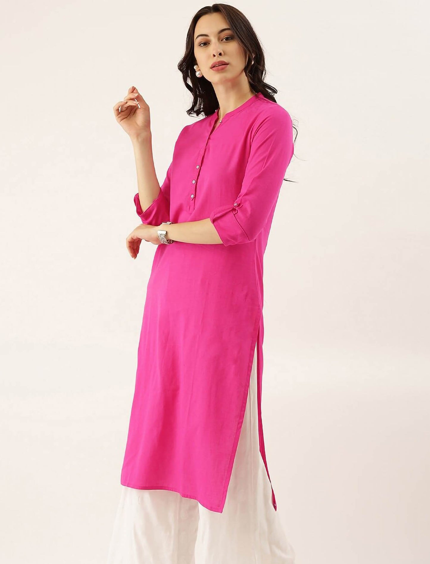 Pink Cotton Solid Collar Straight Ethnic Kurta For Women