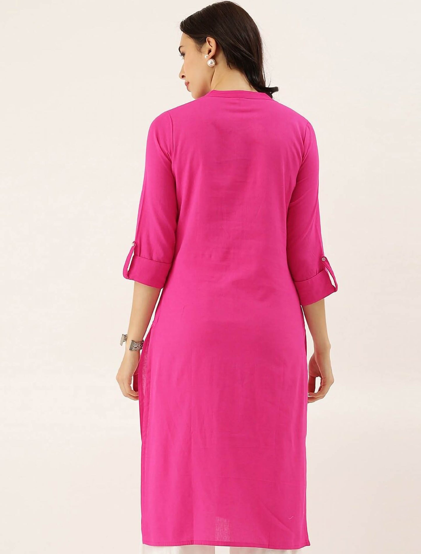 Pink Cotton Solid Collar Straight Ethnic Kurta For Women