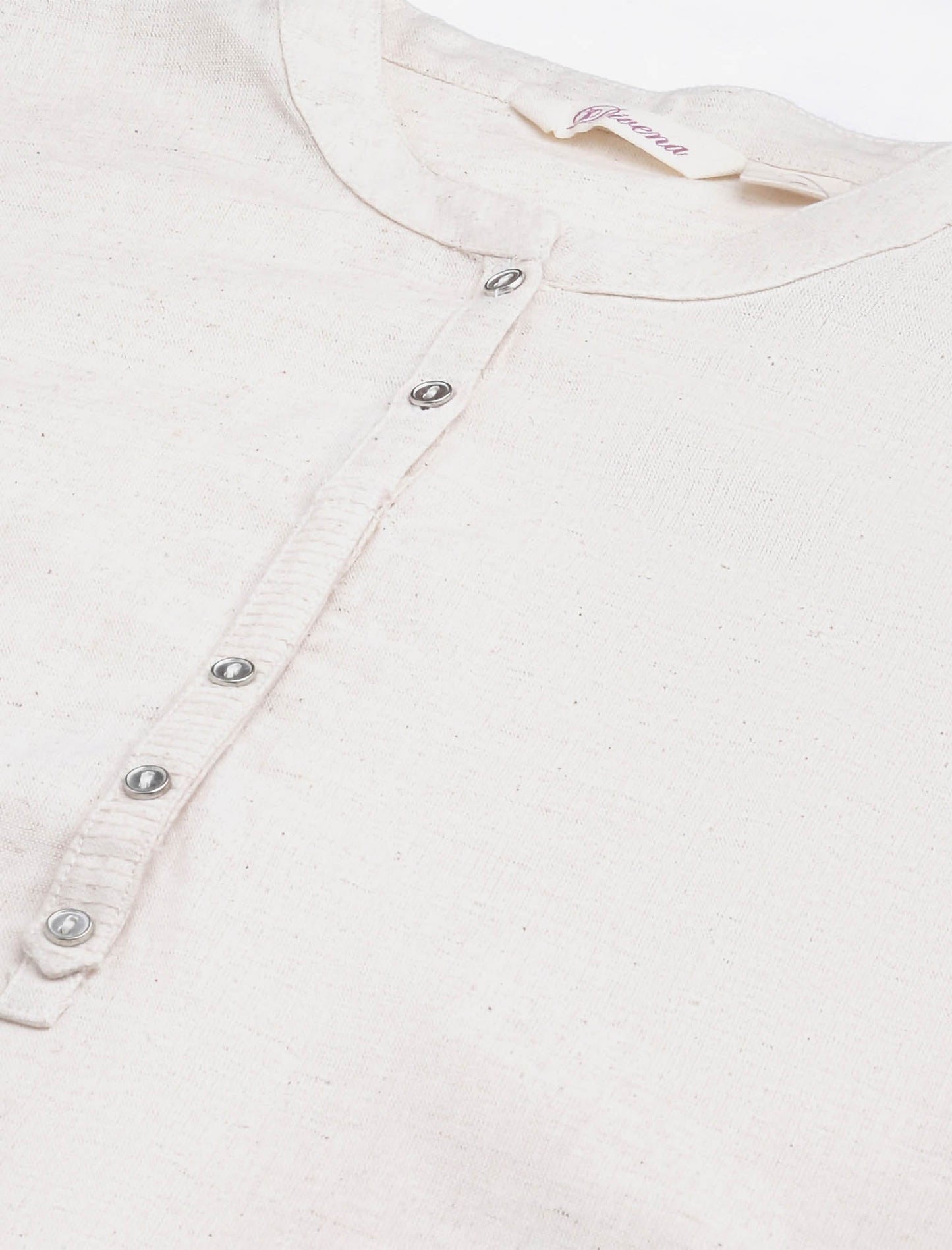 Beige Cotton Solid Collar Roll-Up Sleeves Straight Ethnic Kurta For Women