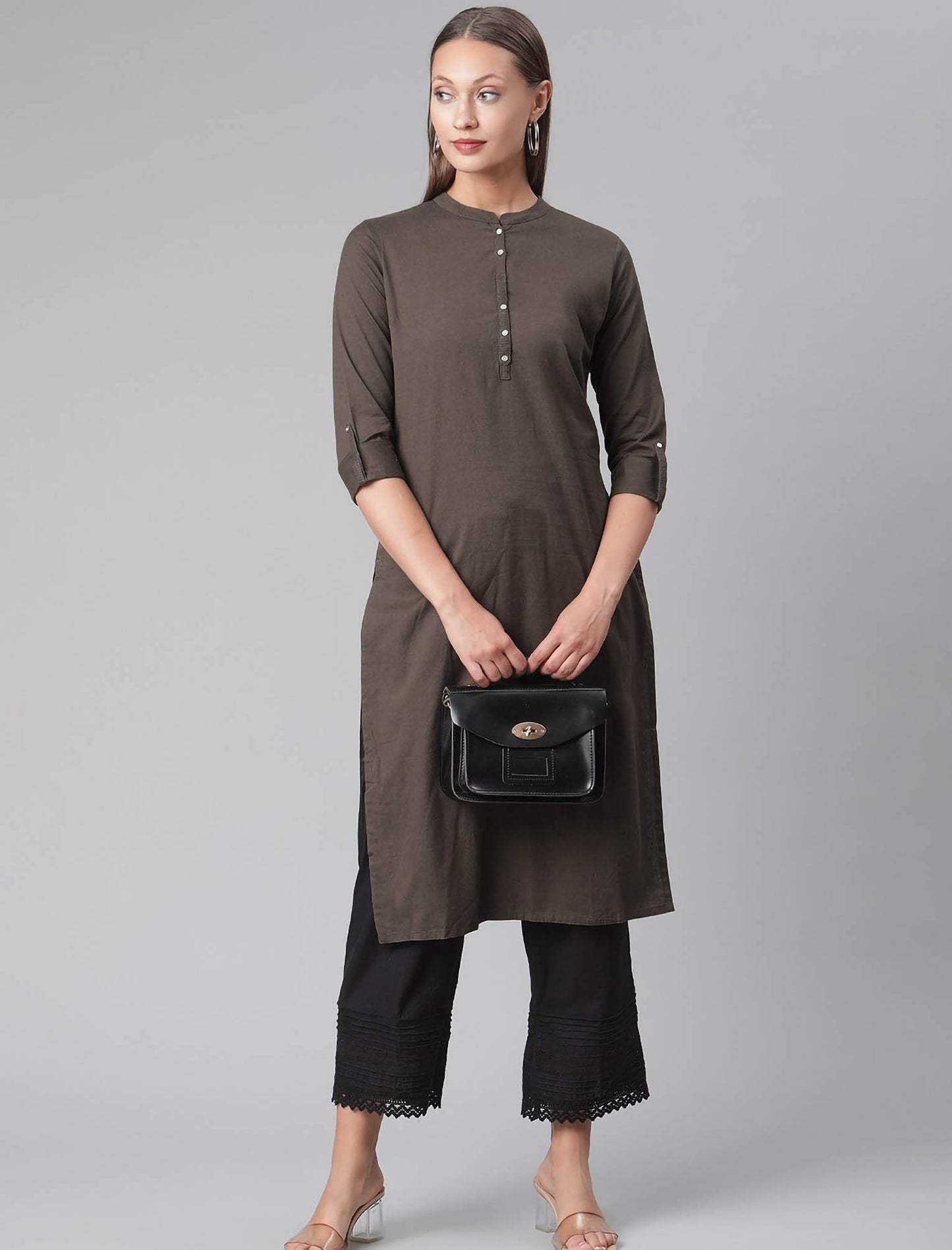 Coffee Brown Mandarin Collar Straight Ethnic Kurta For Women