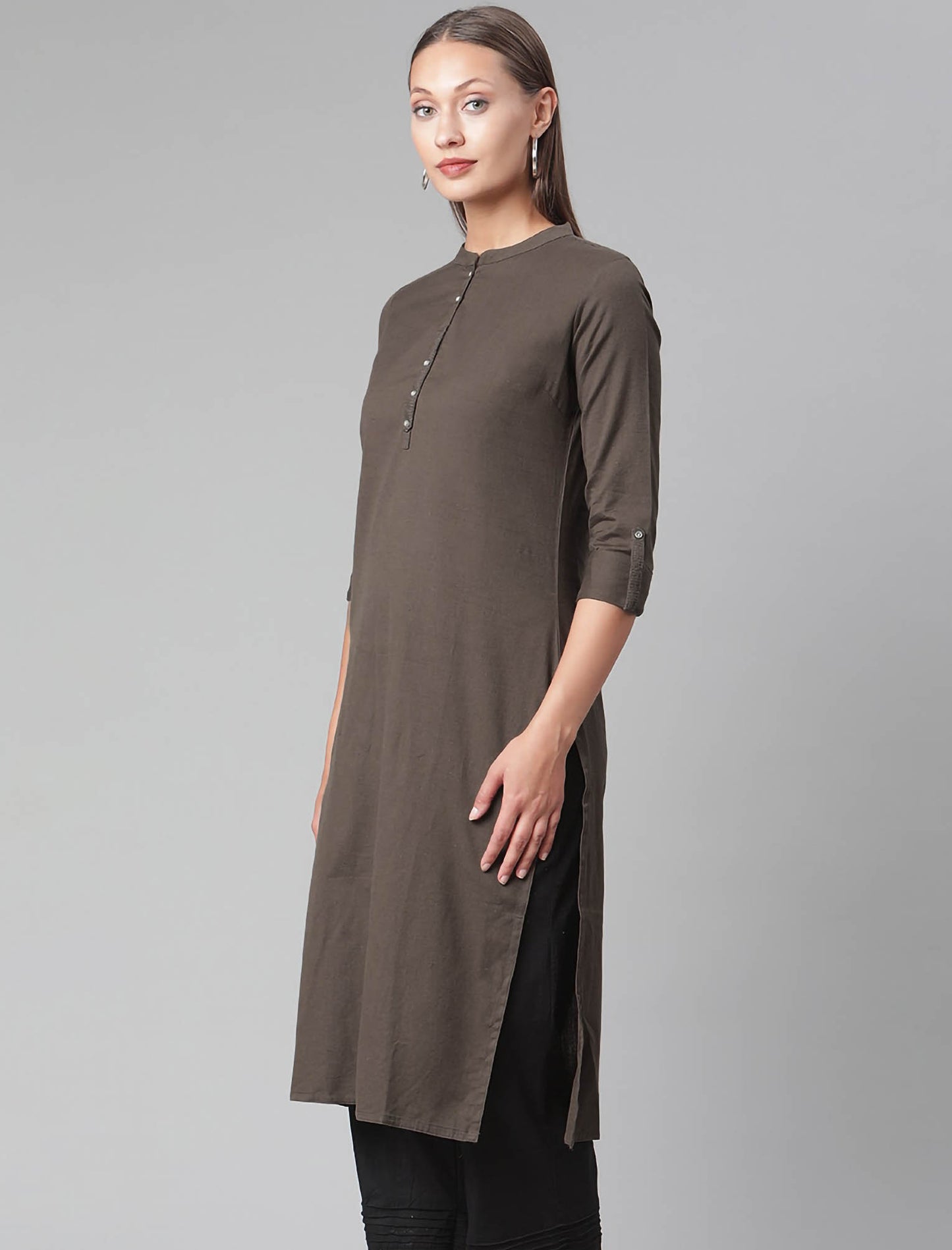Coffee Brown Mandarin Collar Straight Ethnic Kurta For Women