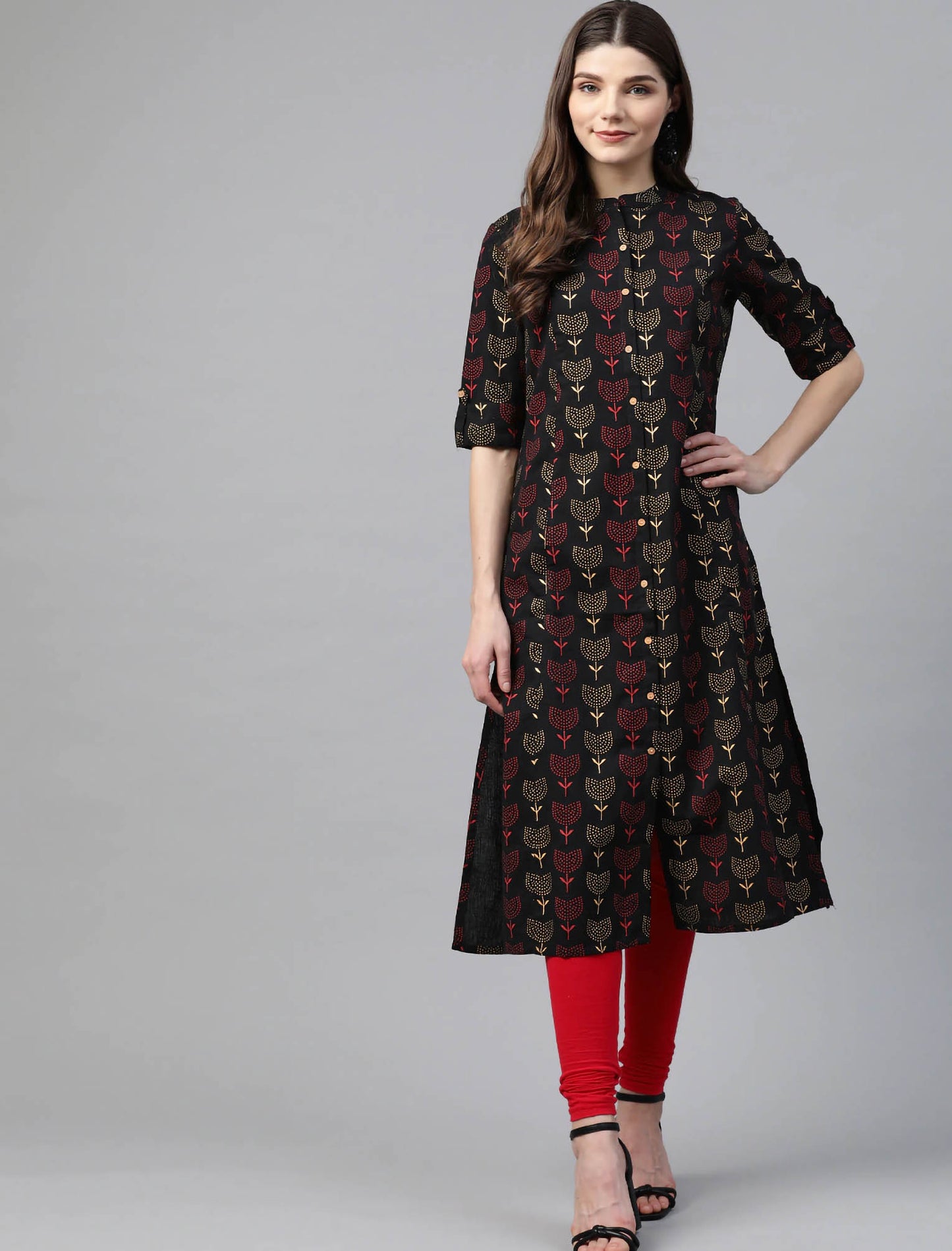 Black & Red Cotton Ethnic Motifs Printed A-Line Divena Kurta For Women