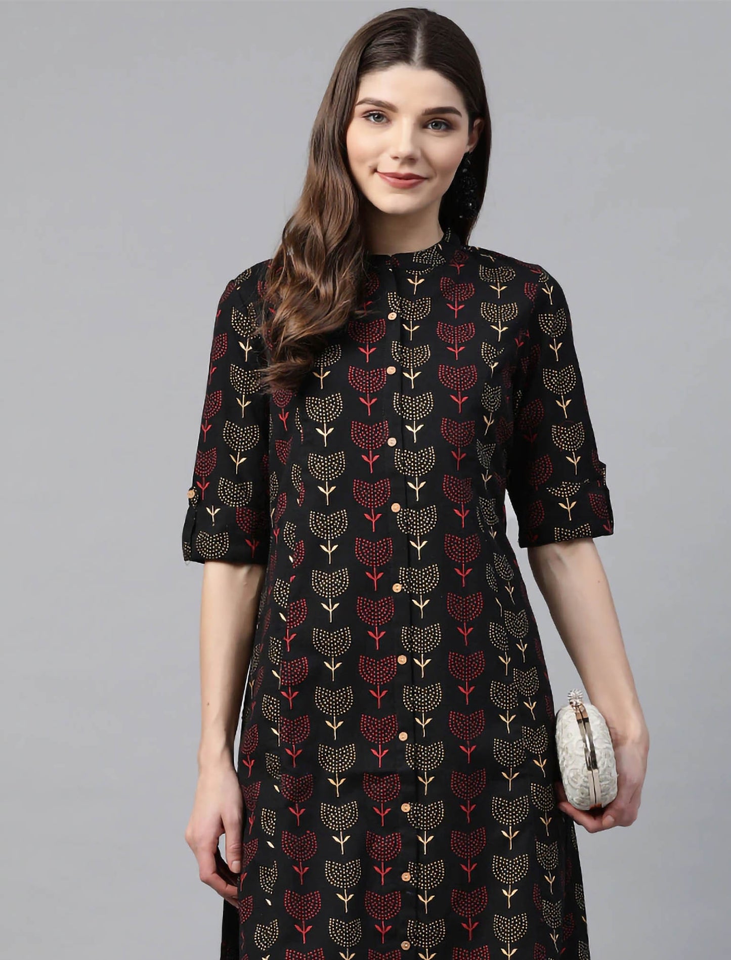 Black & Red Cotton Ethnic Motifs Printed A-Line Divena Kurta For Women
