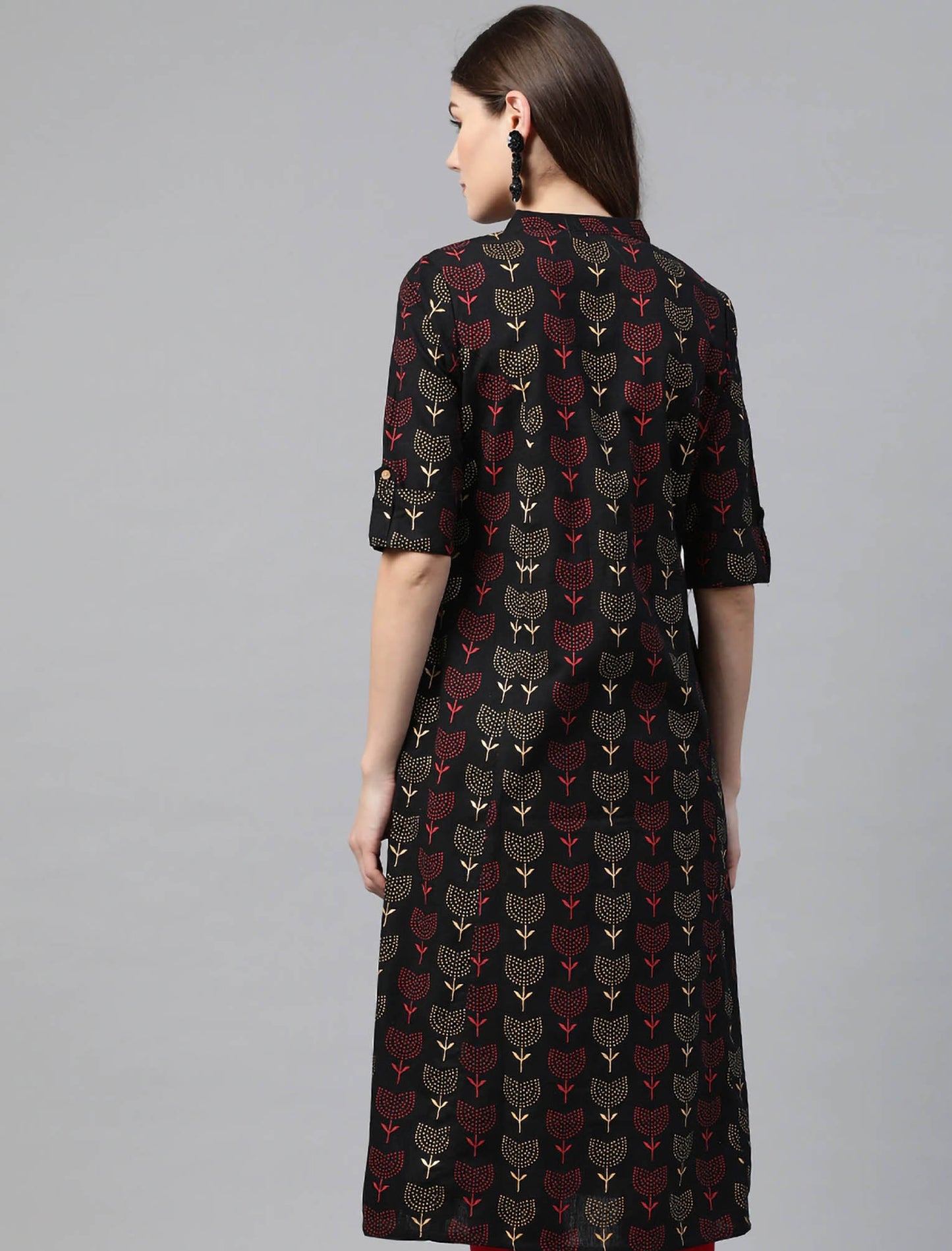 Black & Red Cotton Ethnic Motifs Printed A-Line Divena Kurta For Women