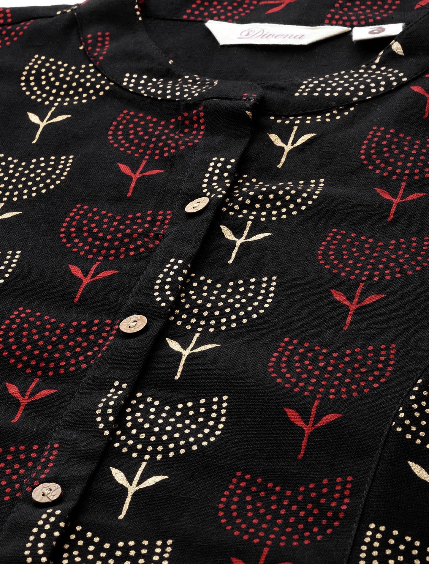 Black & Red Cotton Ethnic Motifs Printed A-Line Divena Kurta For Women