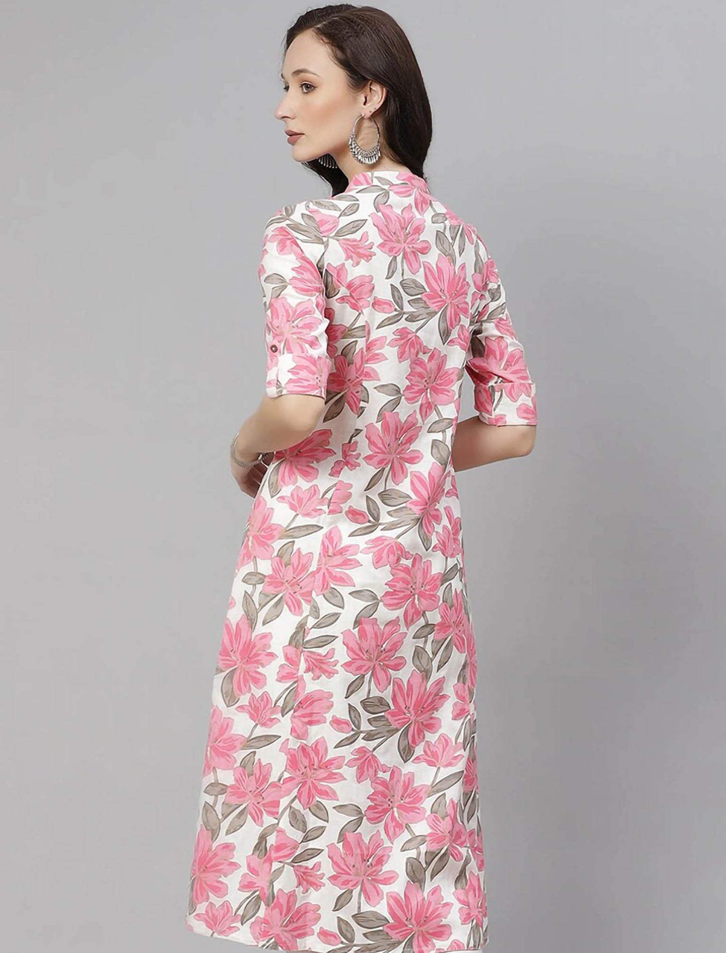 White & Pink Floral Printed Pure Cotton A-line Divena Kurta For Women