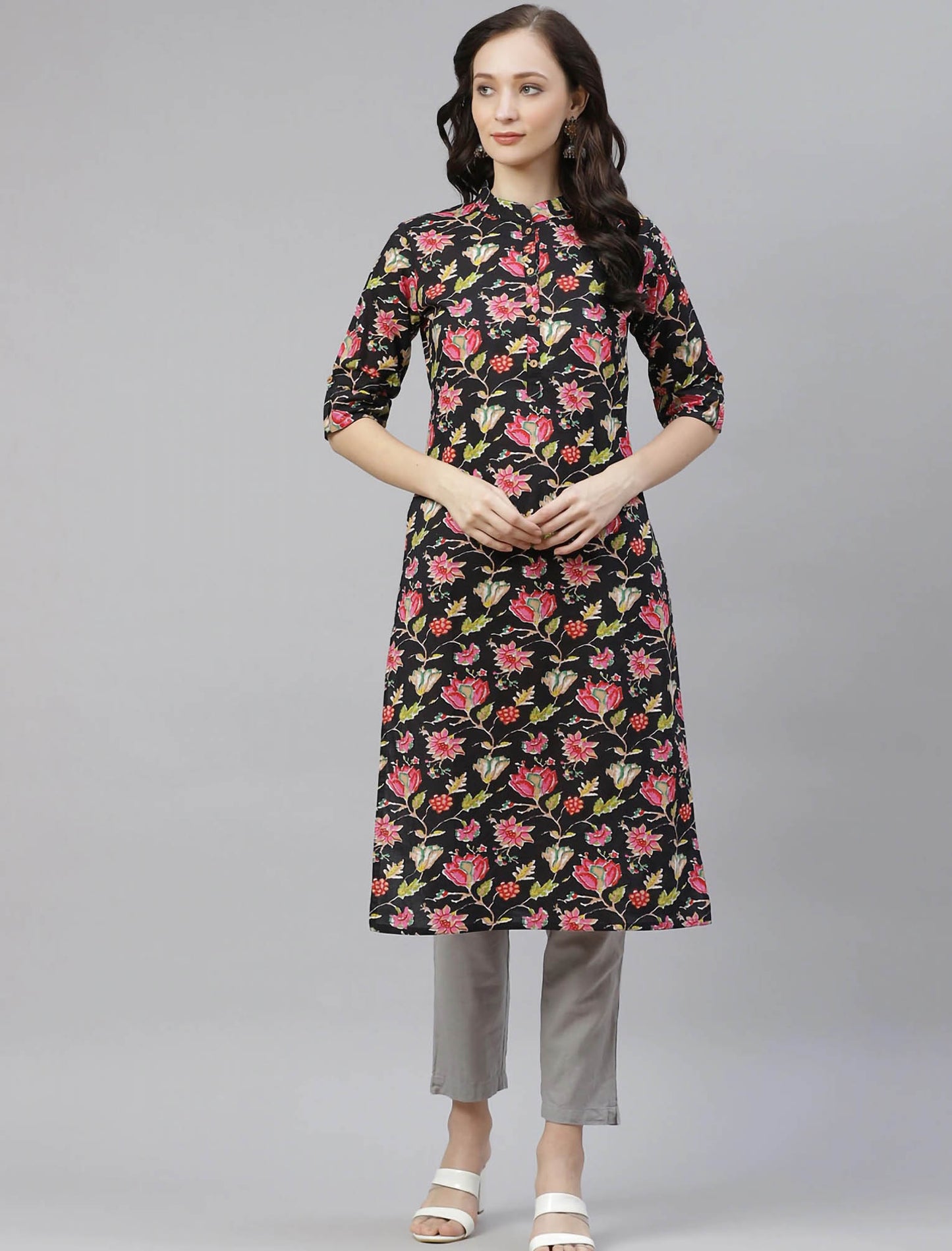 Black Floral Cotton Printed Ethnic Kurta For Women