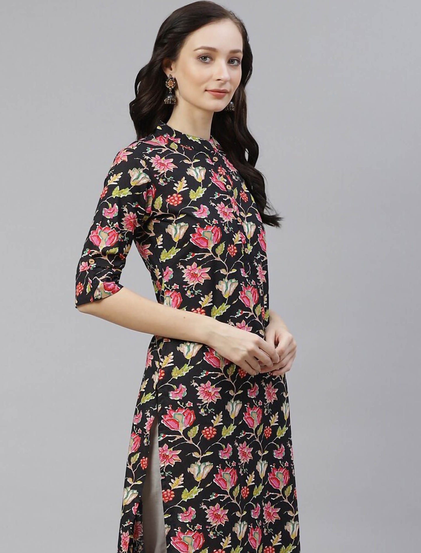 Black Floral Cotton Printed Ethnic Kurta For Women