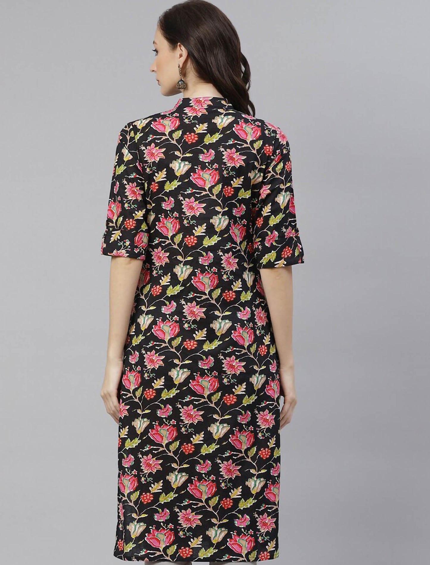 Black Floral Cotton Printed Ethnic Kurta For Women