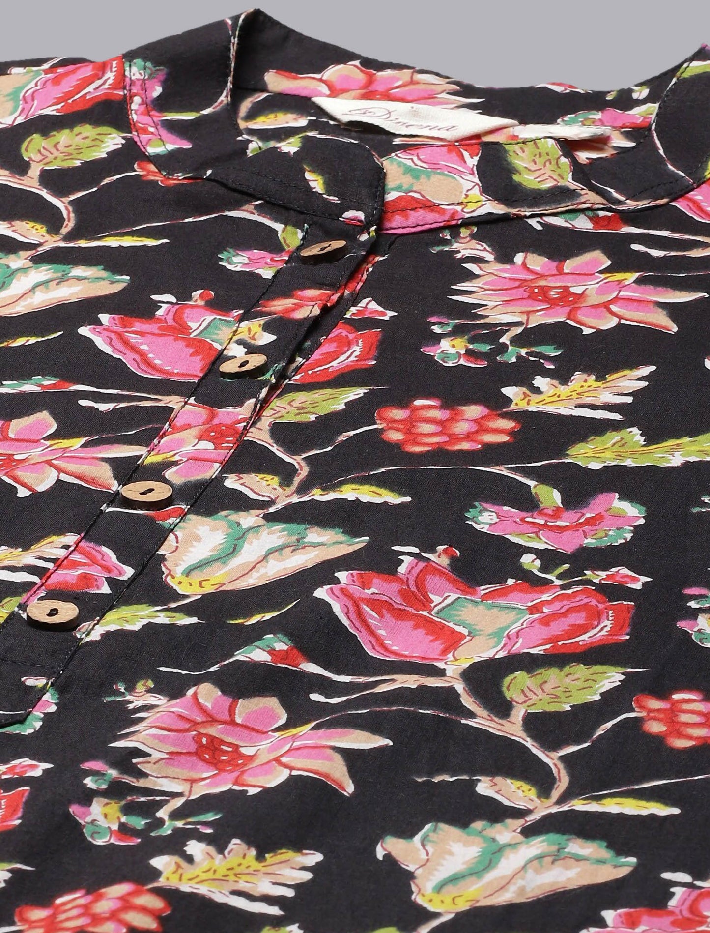 Black Floral Cotton Printed Ethnic Kurta For Women