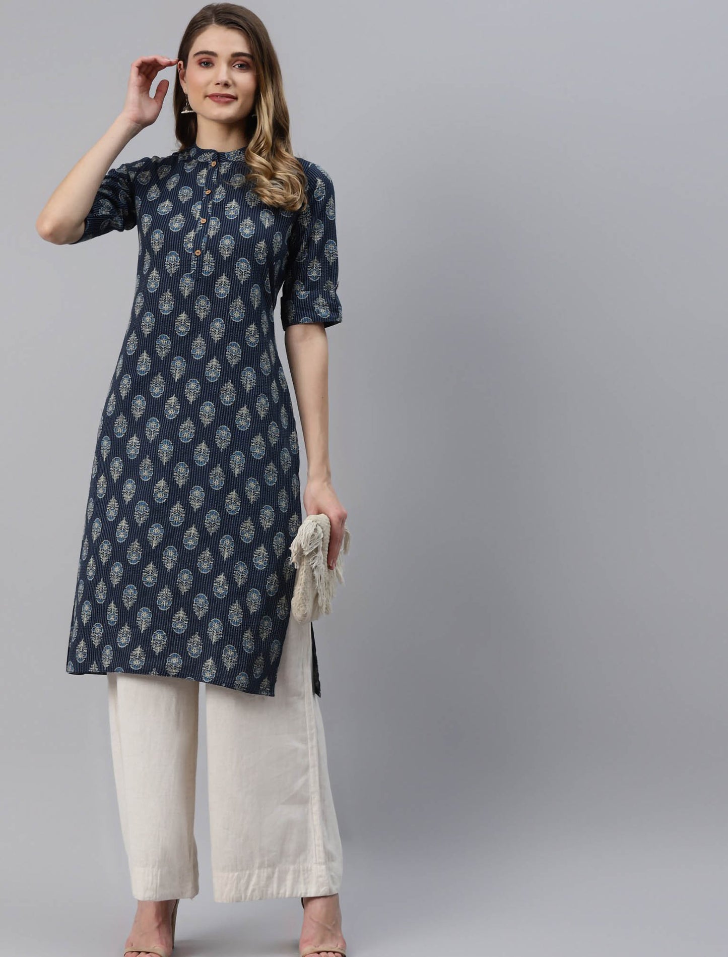 Navy Blue Floral Printed Pure Cotton Ethnic Kurta For Women
