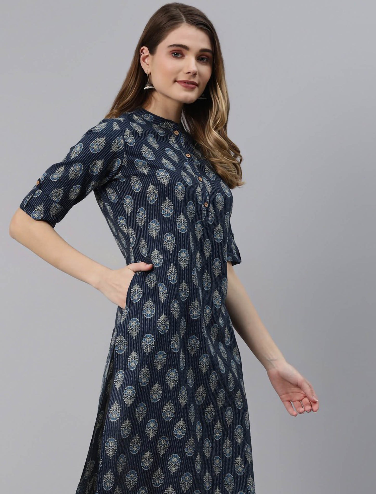 Navy Blue Floral Printed Pure Cotton Ethnic Kurta For Women